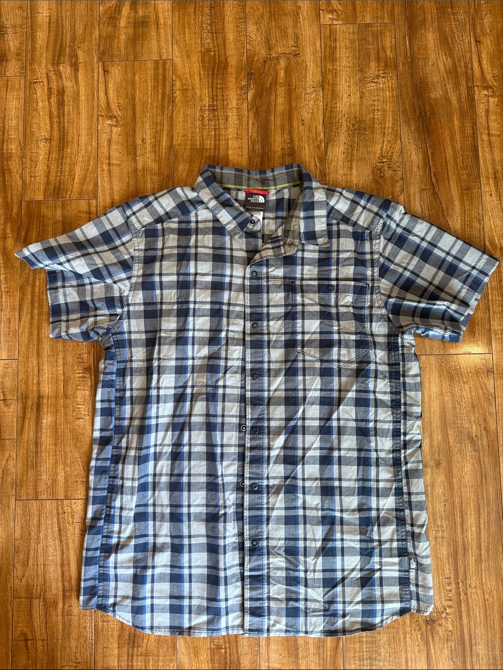 North Face Men's Blue Gray Plaid Short Sleeve Snap Button Down Shirt Size Large